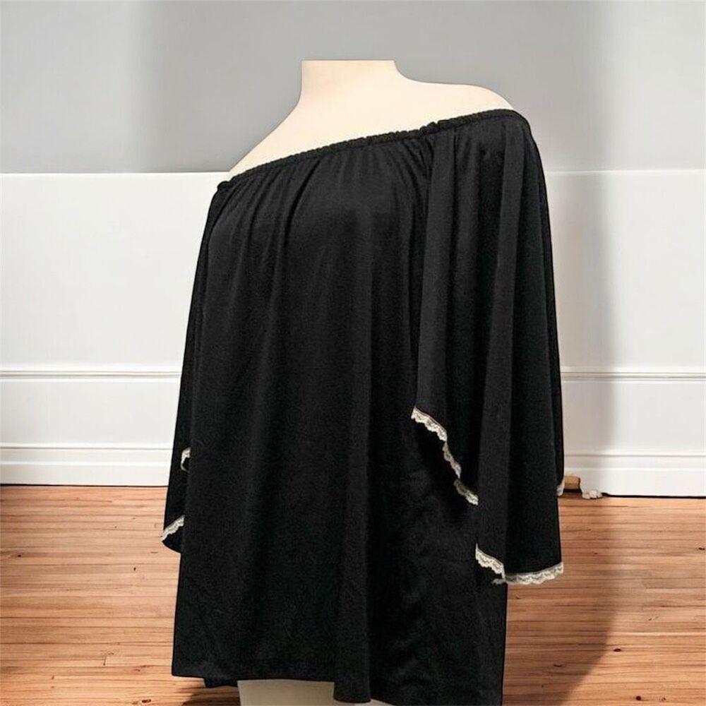 Vintage 70s Black Tunic Flutter Angel Sleeve Peasant Top Small Medium - Picture 2 of 6